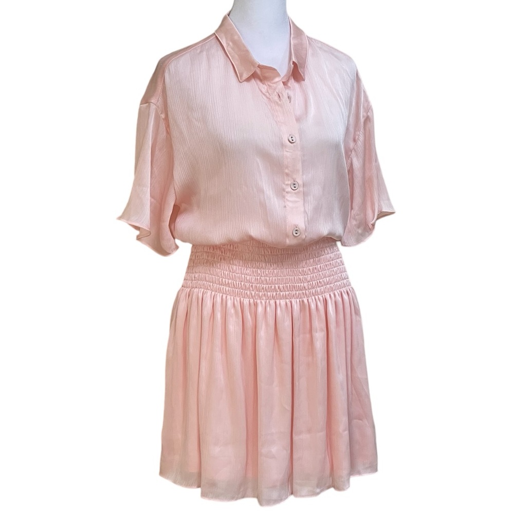Sage Collective Baby Pink Blouson Short Shirt Dress Sz 6 Crinkle Satin Polyester